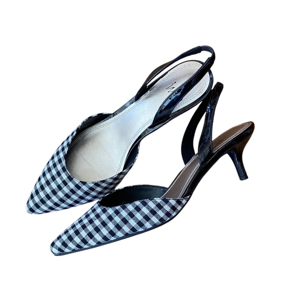 Gingham Slingback Kitten Heel Black Pumps 9.5 Preppy 1990s Retro Glam Femme Y2K